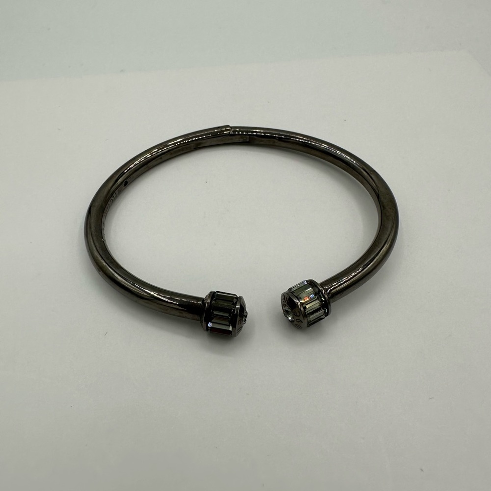 Henri Bendel Gunmetal Deco Petite Rhinestone Logo Cuff Open Bracelet